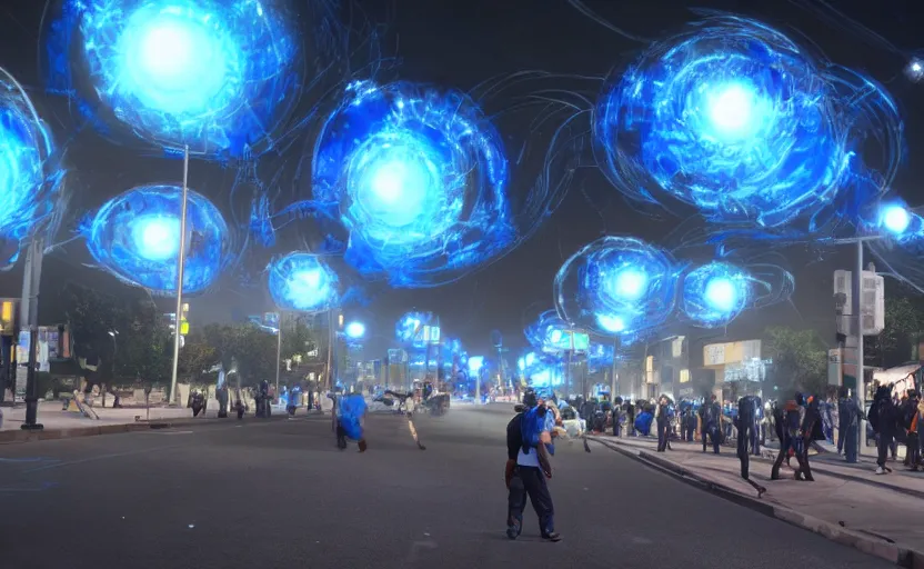 Image similar to people with posters attacking cops in front a huge blue spiral - shaped bright white luminous attractor that is floating and stores in los angeles with light screens all over the street, concept art, art for the game, professional lighting, night lighting from streetlights