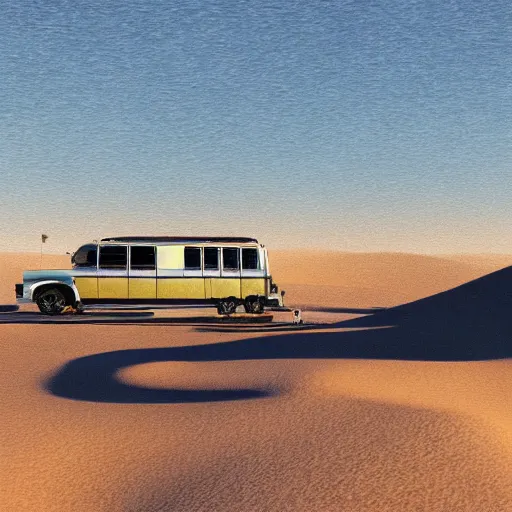 Image similar to silver school bus in the desert by hot springs, sand dunes, sage brush, golden hour, ultra detailed, 8 k, trending on artstation, award - winning art,