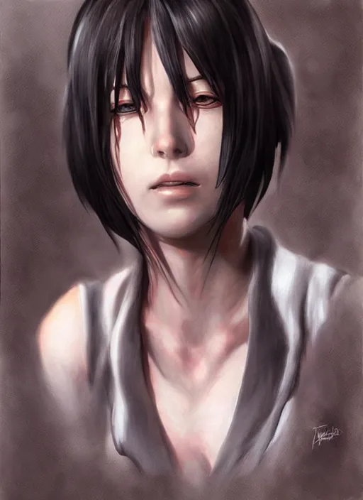 Image similar to Mikasa Ackerman realistic 3d painting, art by ian spriggs