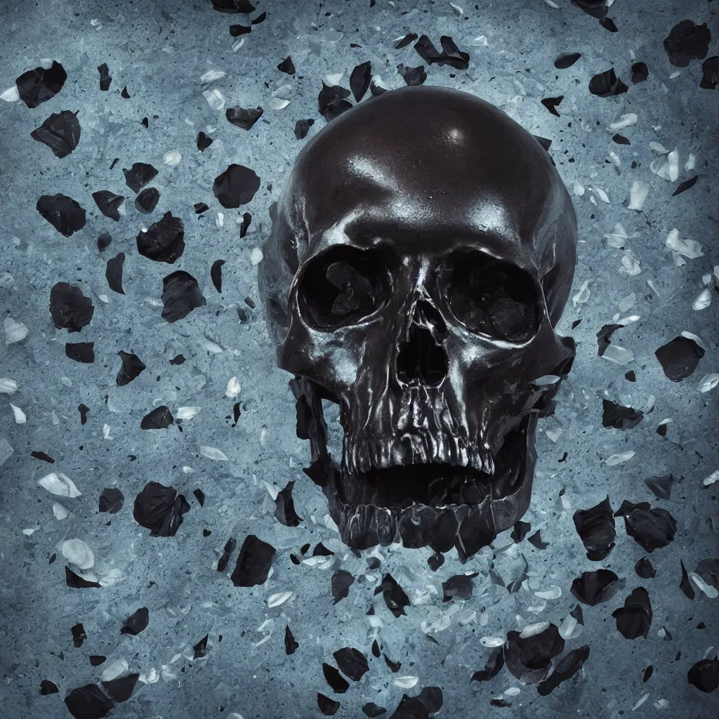 Image similar to obsidian skull surrounded by dark water with floating flower petals, octane render, trending on artstation