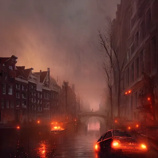 Prompt: amsterdam in a post apocalyptic earth as seen by greg rutkowski, dark theme, enchanted, warm colors, high quality, waw, trending on artstation