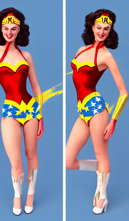 Prompt: digital art, portrait of teenage Wonder Woman, double split halter open thigh ripped dress, smiling, in the style of 1950s pinups by Warren Louw, realistic, ultra detailed, unreal engine, octane render, 8k resolution