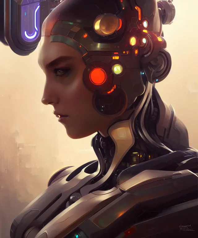 Image similar to Robot futuristic portrait, highly detailed, digital painting, artstation, concept art, smooth, sharp focus, illustration, art by artgerm and greg rutkowski and alphonse mucha