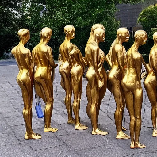 Image similar to A beautiful body art of a group of people standing in a line. They are all facing the same direction and appear to be waiting for something. gold statue by Constant Permeke threatening, graceful