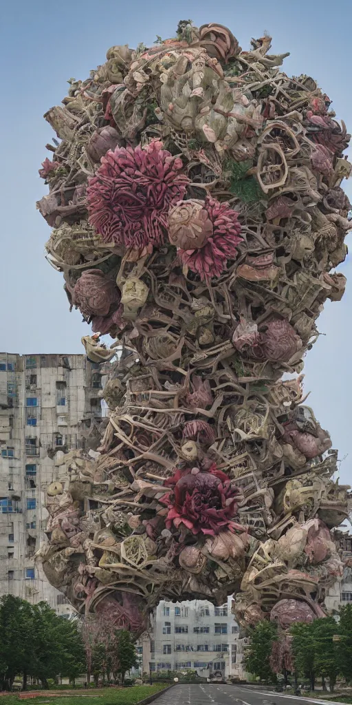 Image similar to colossal grotesque flower made from communist dreams in the middle of abandoned post soviet constructivist cityscape, Stalinist architecture, ultradetailed by Hayao Miyazaki and Josan Gonzalez and Makoto Shinkai and Giuseppe Arcimboldo and Wes Anderson
