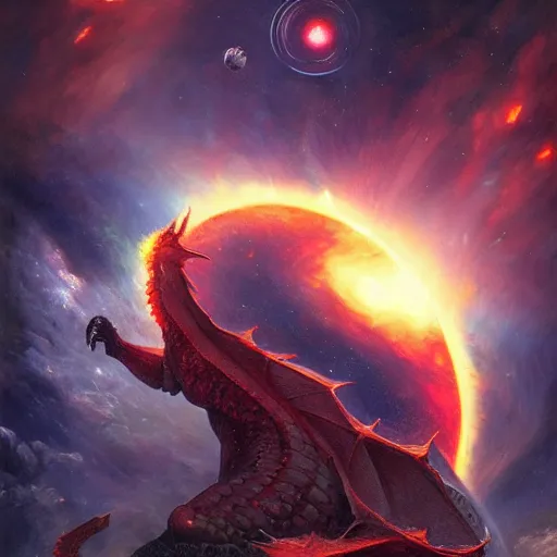 Prompt: prompt dragon in space devouring a planet, sun system, nebula, oil painting, by Fernanda Suarez and and Edgar Maxence and greg rutkowski