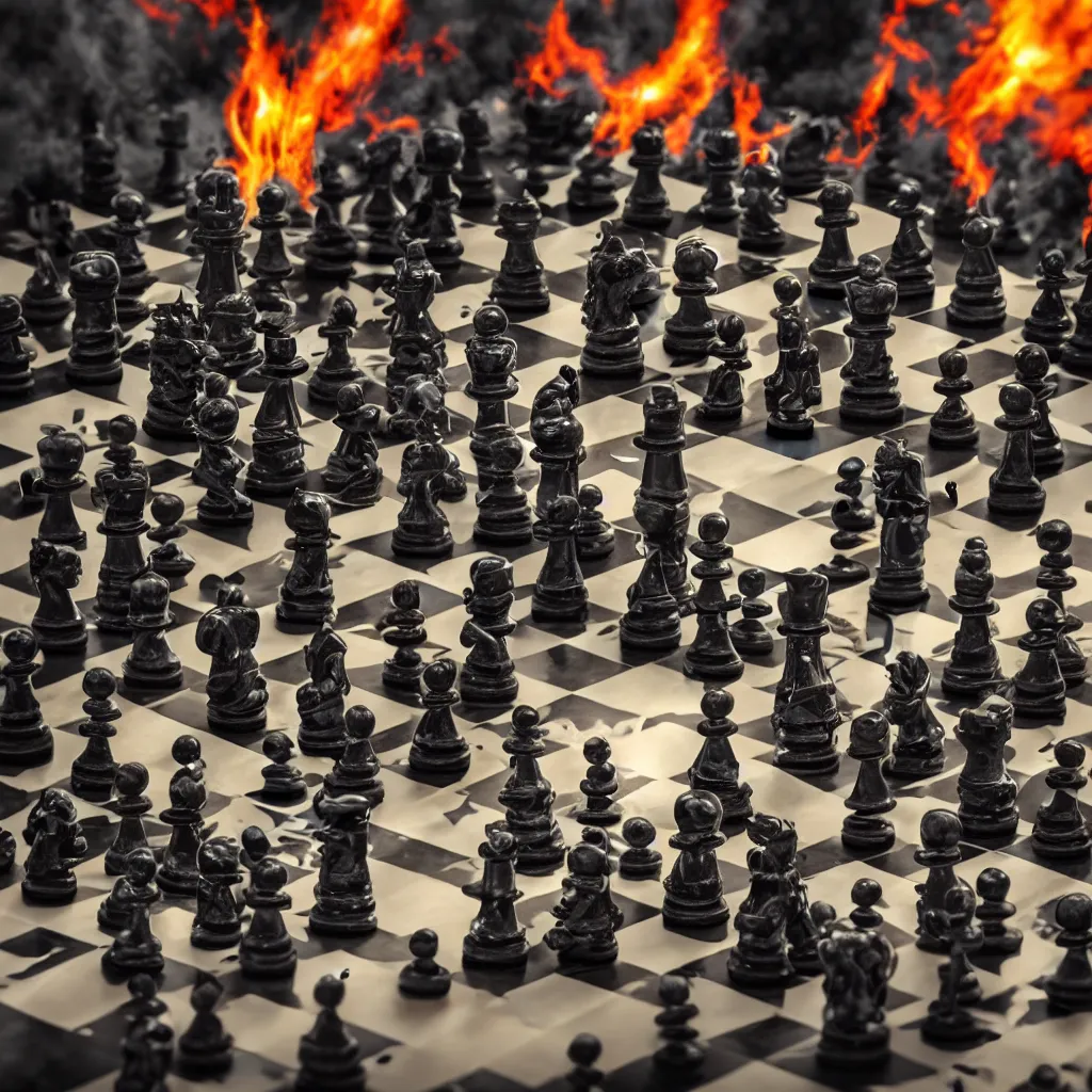 Image similar to closeup shot of black demon creatures versus white Angelic creatures as chess pieces on chessboard resembling battle field, fire and smoke effect, cinematic lighting, photo realistic image, 4K, super detailed, cinematic look