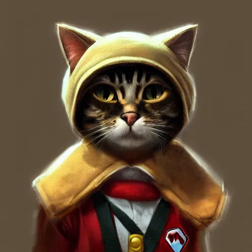 Prompt: Portrait of a Cat dressed as Super Mario, Mario hat, kawaii aesthetic, nintendo, highly detailed, digital painting, artstation, concept art, smooth, sharp focus, illustration, art by artgerm and greg rutkowski and alphonse mucha