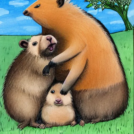 Image similar to badger lovingly hugging a capybara, children's book illustration