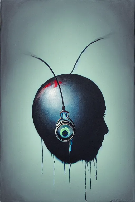 Image similar to hyperrealism surrealism acrylic painting, aerosol splashes on paper, close - up portrait of bowling ball - with big headphones and a mime sweater art by jeff soto