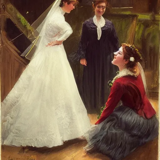 Image similar to two young edwardian women getting married in a church, in the style of Anders Zorn