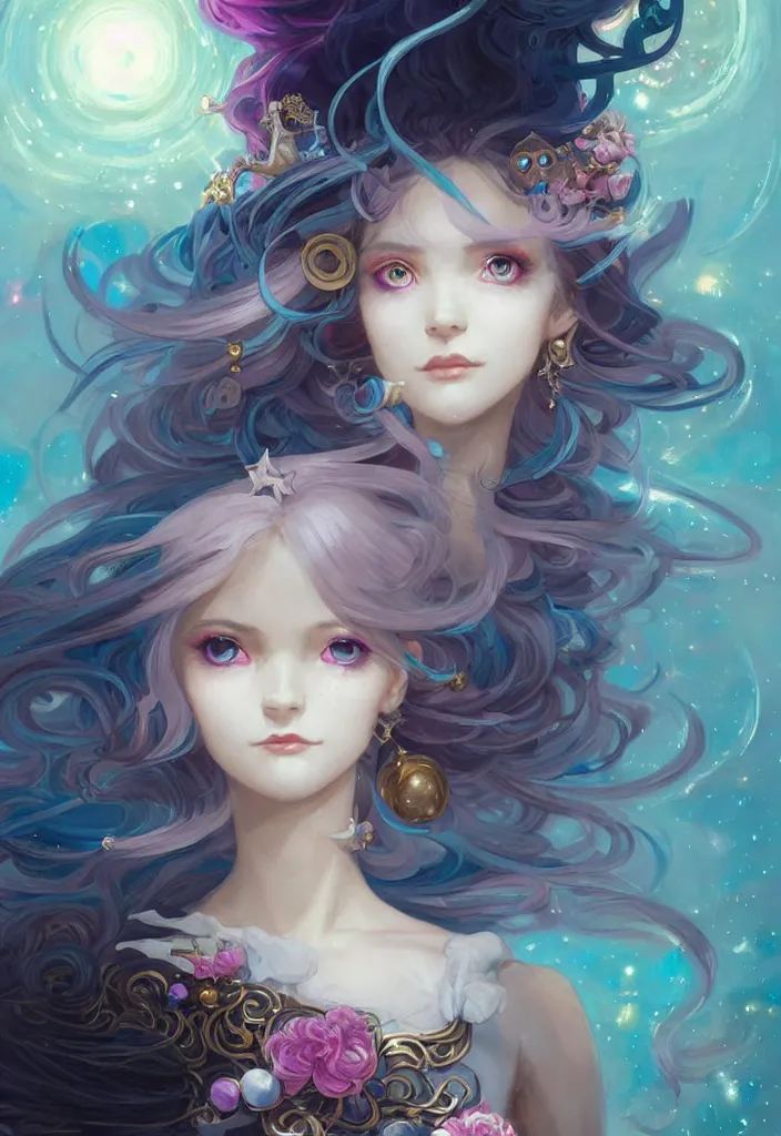 Image similar to close up picture of an maximalist dress magical girl, neat hair with bangs, smug face, extremely beautiful and aesthetic and detailed cute face and eyes, wipe out evils with cute astronaut familiar sprites, aming the magical beams to the camera, chiaroscuro, intricate, masterpiece, epic fantasy illustrations by peter mohrbacher and anato finnstark and jeremy lipking