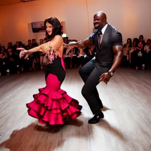 Prompt: a photograph of terry crews in high heels dancing the flamenco with terry crews, while terry crews watches