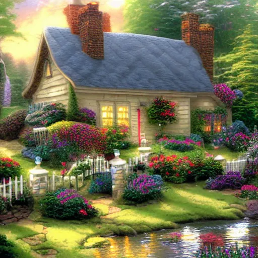 Prompt: cottage inspired by thomas kinkade