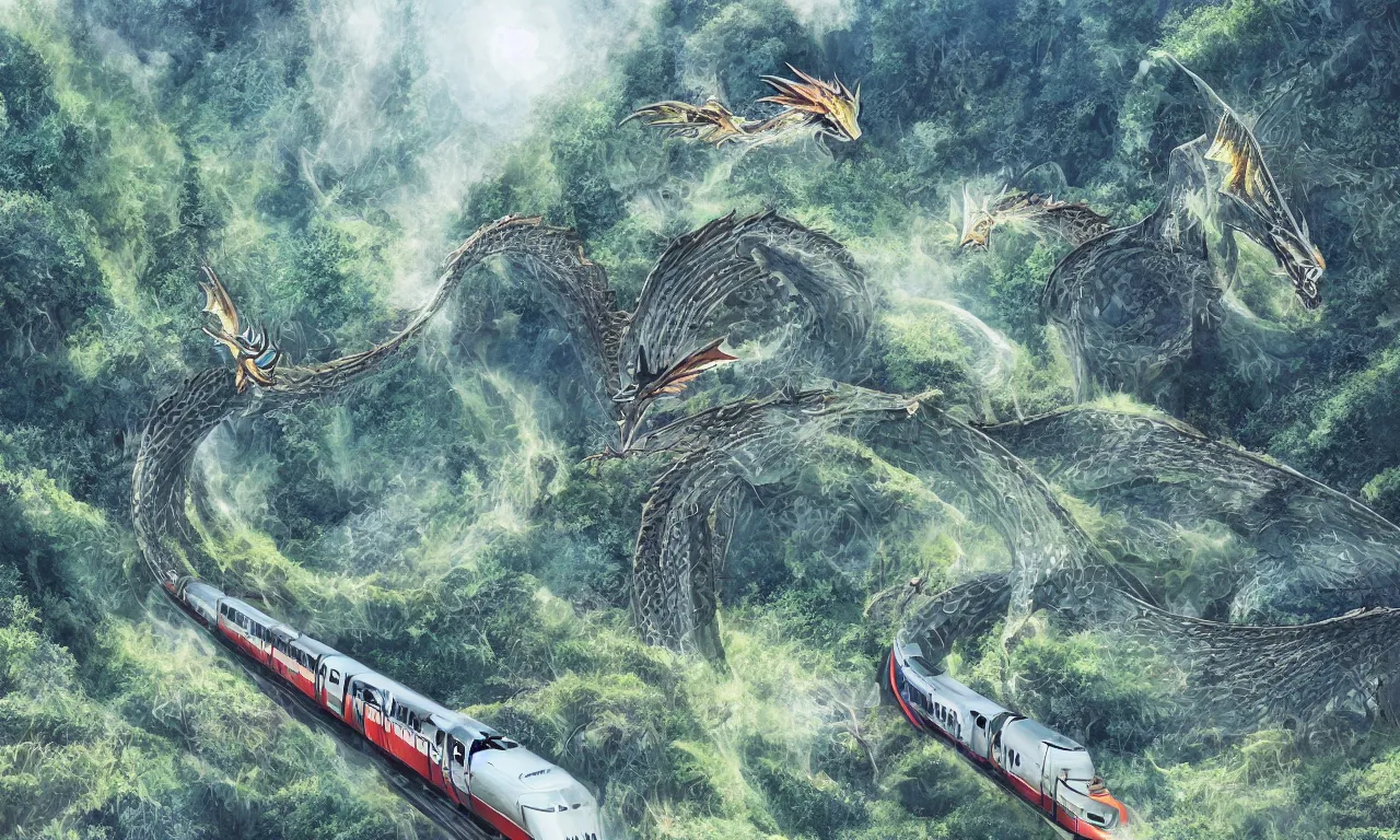 Image similar to dragons, forested hills and interconnected high speed rails, digital art, 3 d, illustration