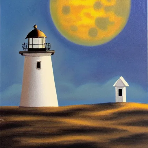 Prompt: oil painting of little lighthouse on the moon