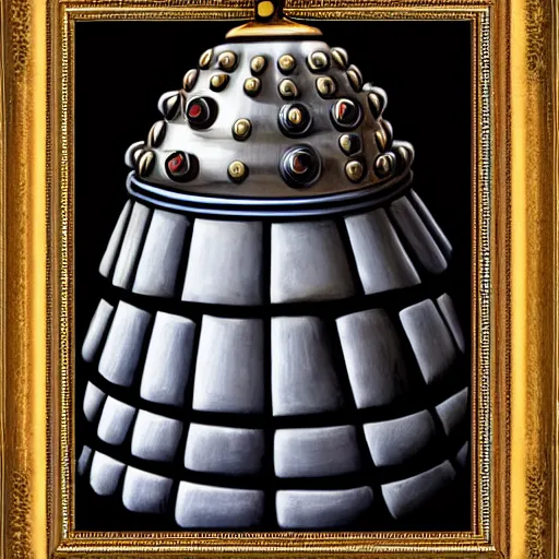 Image similar to a beautiful photograph of donald trump being exterminated by a dalek, detailed face, symmetrical face, extreme realism and detail, 8 k, completely framed, direct lighting, 3 5 mm photo, photorealistic, sharp focus