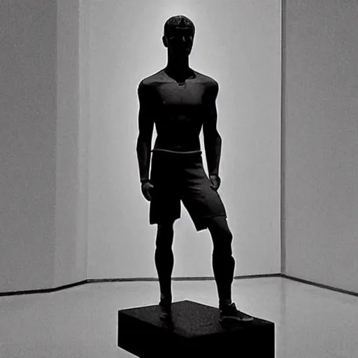 Image similar to “ a realistic detailed photo of a guy who is an attractive humanoid who is half robot and half humanoid, who is a male android, soccer player antoine griezmann, shiny skin, posing like a statue, blank stare, at the museum, on display ”