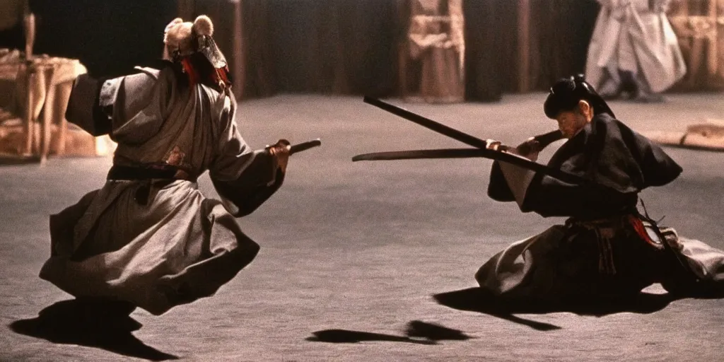 Image similar to scene from Shogun’s Shadow, 1989, movie still, cinematic, anthropomorphic half man half bear, epic, samurai