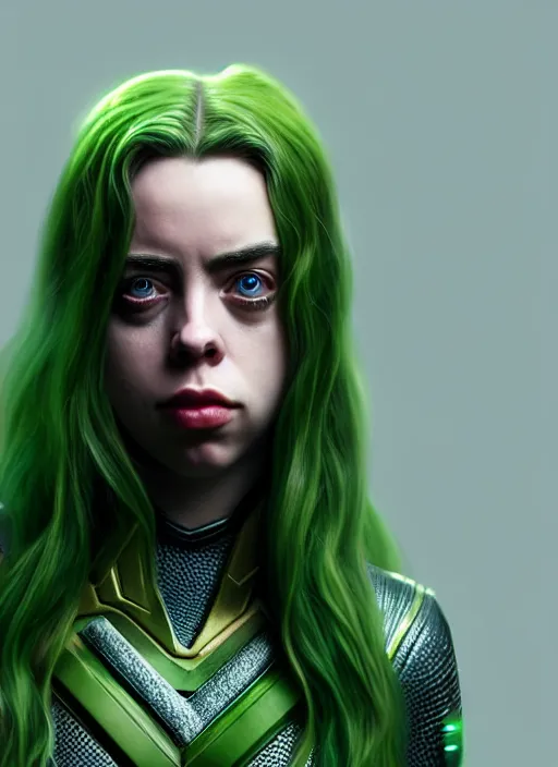 Prompt: Billie Eilish as Female Loki, very detailed, digital art, trending on artstation, smooth render, 8k octane render, digital illustration