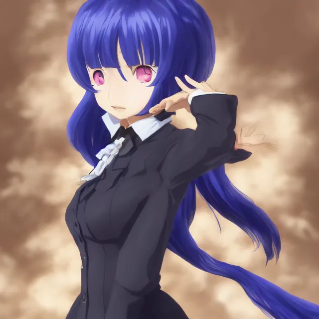 Prompt: erika furudo from umineko when they cry, blue hair, pointing at the camera dramatically, artstation, 4 k