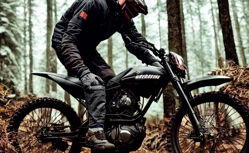 Prompt: cinestill 5 0 d candid photographic portrait by steven spielberg of joe biden wearing rugged black mesh techwear on a dirtbike through a deep forest, extreme closeup, modern cyberpunk moody emotional cinematic, snow storm, 8 k, hd, high resolution, 3 5 mm, f / 3 2, ultra realistic faces, ex machina