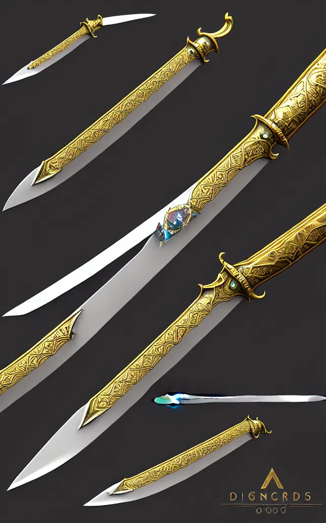 Prompt: very large detailed long sword, proportional image, clean background, 3 d octane render, blade, sharp, gold, gems,