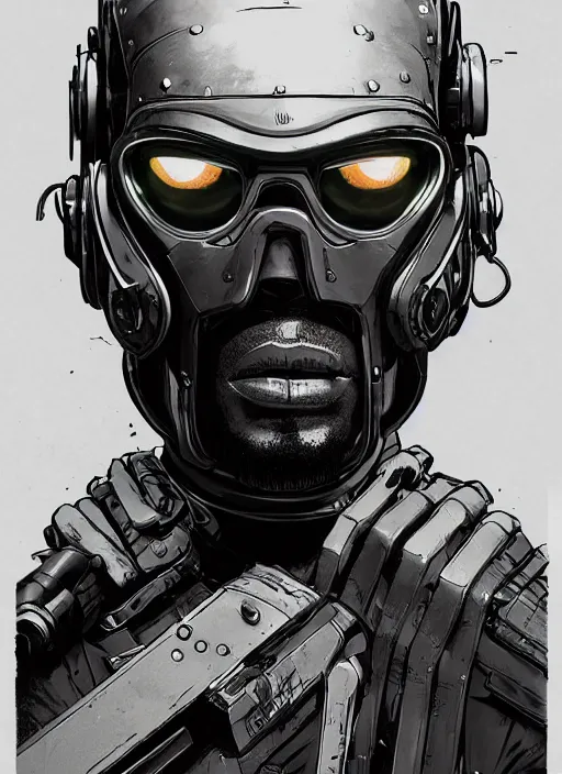 Prompt: chidi igwe. cyberpunk mercenary in tactical harness and jumpsuit. dystopian. portrait by stonehouse and mœbius and will eisner and gil elvgren and pixar. realistic proportions. cyberpunk 2 0 7 7, apex, blade runner 2 0 4 9 concept art. cel shading. attractive face. thick lines.