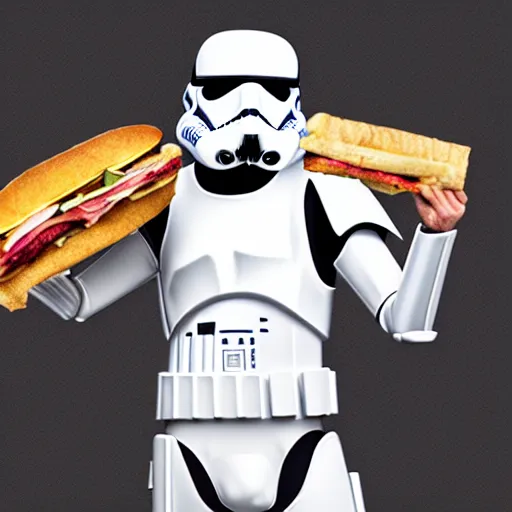 Prompt: detailed portrait of a storm trooper holding a long sandwich, extremely detailed and intricate, 8 k illustration