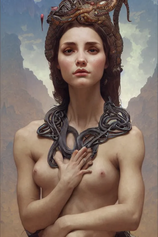 Prompt: Portrait of an anthropomorphic snake-woman, cinematic lighting, intricate, rugged, highly detailed, digital painting, normal hands, normal legs, artstation, smooth, sharp focus, illustration, art by artgerm and greg rutkowski and alphonse mucha and Wayne Barlowe and william-adolphe bouguereau