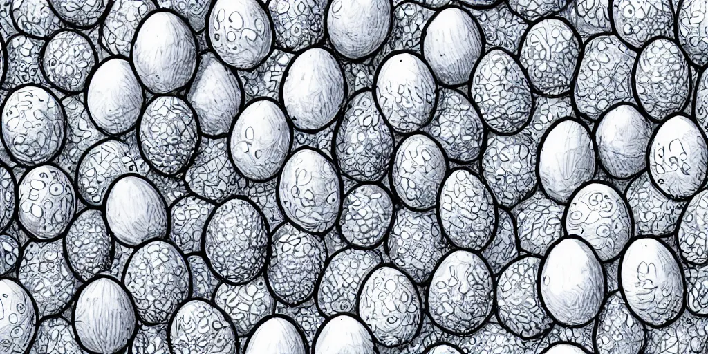 Prompt: an ultra - detailed pen drawing full of smurfs and color eggs.