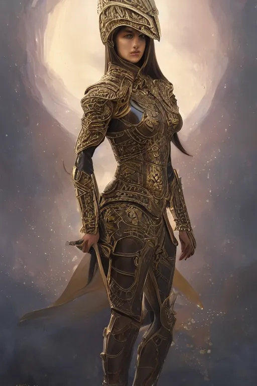 Image similar to a full body portrait of an attractive young female, ornate metallic helmet, intricate battle armor, olive skin, long dark hair, beautiful bone structure, intricate, elegant, highly detailed, digital painting, artstation, concept art, smooth, sharp focus, illustration, art by artgerm and greg rutkowski and alphonse mucha