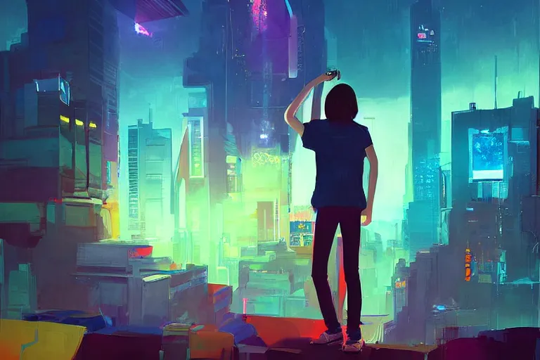 Prompt: a digital art of a selfie of max caulfield standing in a metropolis, youth, light effect, highly detailed, by anton fadeev, by jim burns, a realism masterpiece