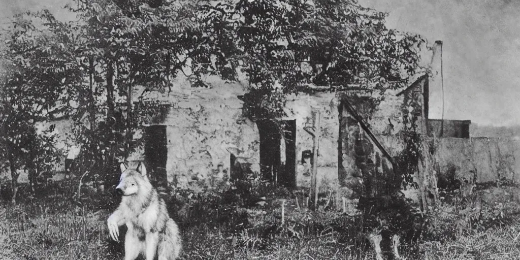 Prompt: anthropomorphic furry wolf in armor standing in front of a farm, 1900s picture