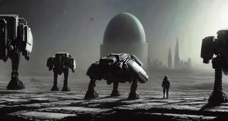 Image similar to hyper realistic sci - fi matte concept art painting of battlemech walking on the surface of the moon with a domed city in the background, beautiful details, strong composition painted by kim jung guweta studio rutkowski, james gurney and greg rutkowski, and lucasfilm, smooth, intricate, detailed, sharp focus, cinematic