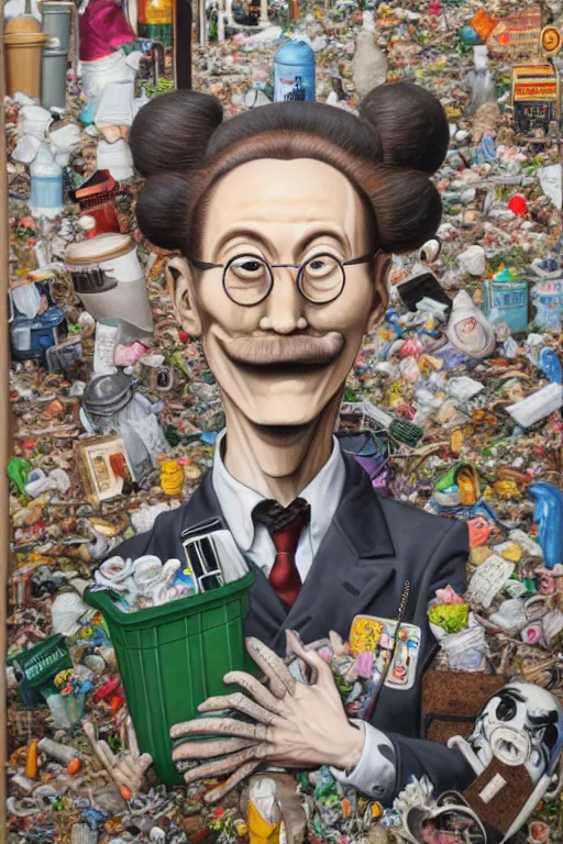 Prompt: full view, from a distance, of anthropomorphic trashcan who is marcel duchamp, full of trash, style of yoshii chie and hikari shimoda and martine johanna, highly detailed