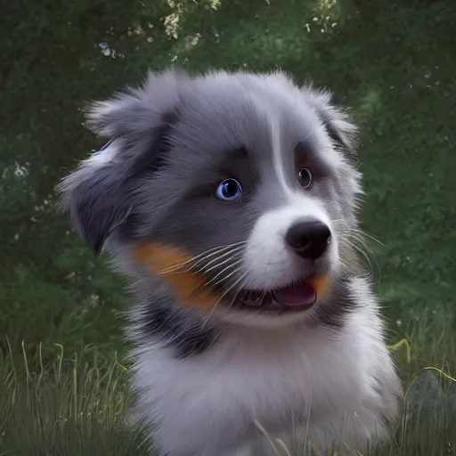 Prompt: a wholesome animation key shot of a gray black copper australian shepherd puppy, studio ghibli, pixar and disney animation, sharp, rendered in unreal engine 5, anime key art by greg rutkowski, bloom, dramatic lighting