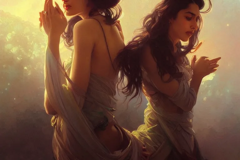 Image similar to Sensual good looking pale young Indian doctors wearing jeans in a space elevator above Earth, portrait, elegant, intricate, digital painting, artstation, concept art, smooth, sharp focus, illustration, art by artgerm and greg rutkowski and alphonse mucha