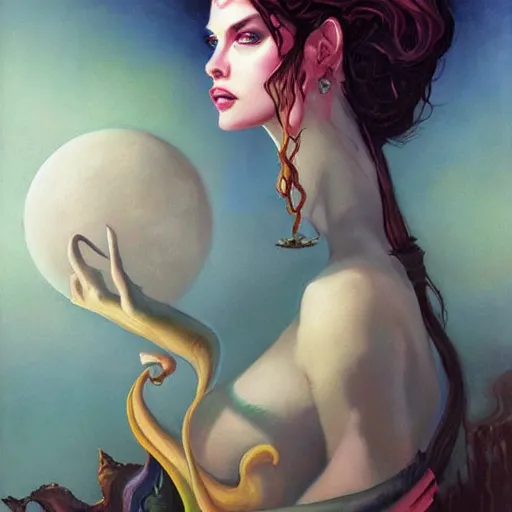 Image similar to portrait of princess of the dreamlands and moon beast, beautiful! coherent! by brom, deep colors, strong lines, high contrast