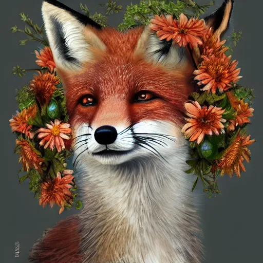 Prompt: portrait of a fox wearing a tiara wreath flowers, fantasy art, trending on artstation, beautiful art, highly detailed