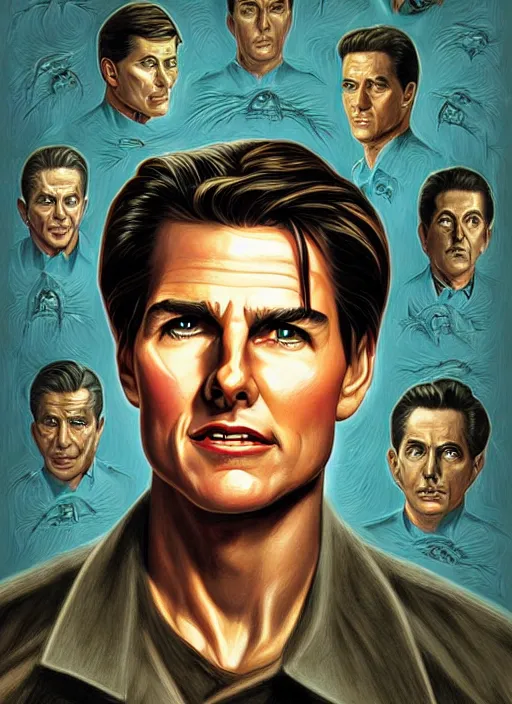 Image similar to portrait of innocent tom cruise, evil beings scheme to control him, twin peaks poster art, from scene from twin peaks, by michael whelan, artgerm, retro, nostalgic, old fashioned, 1 9 8 0 s teen horror novel cover, book