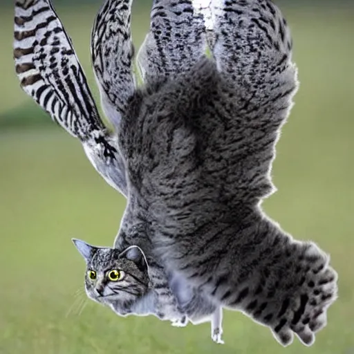 Prompt: cat and owl hybrid spreading wings