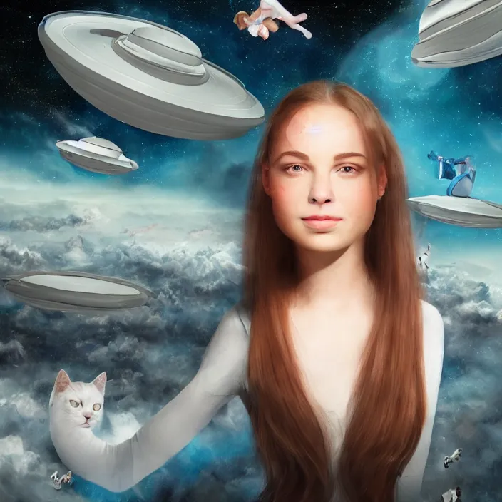 Image similar to the face of a beautiful girl from the future, surrounded by cats, flies in a spaceship, detailed, concept matte painting