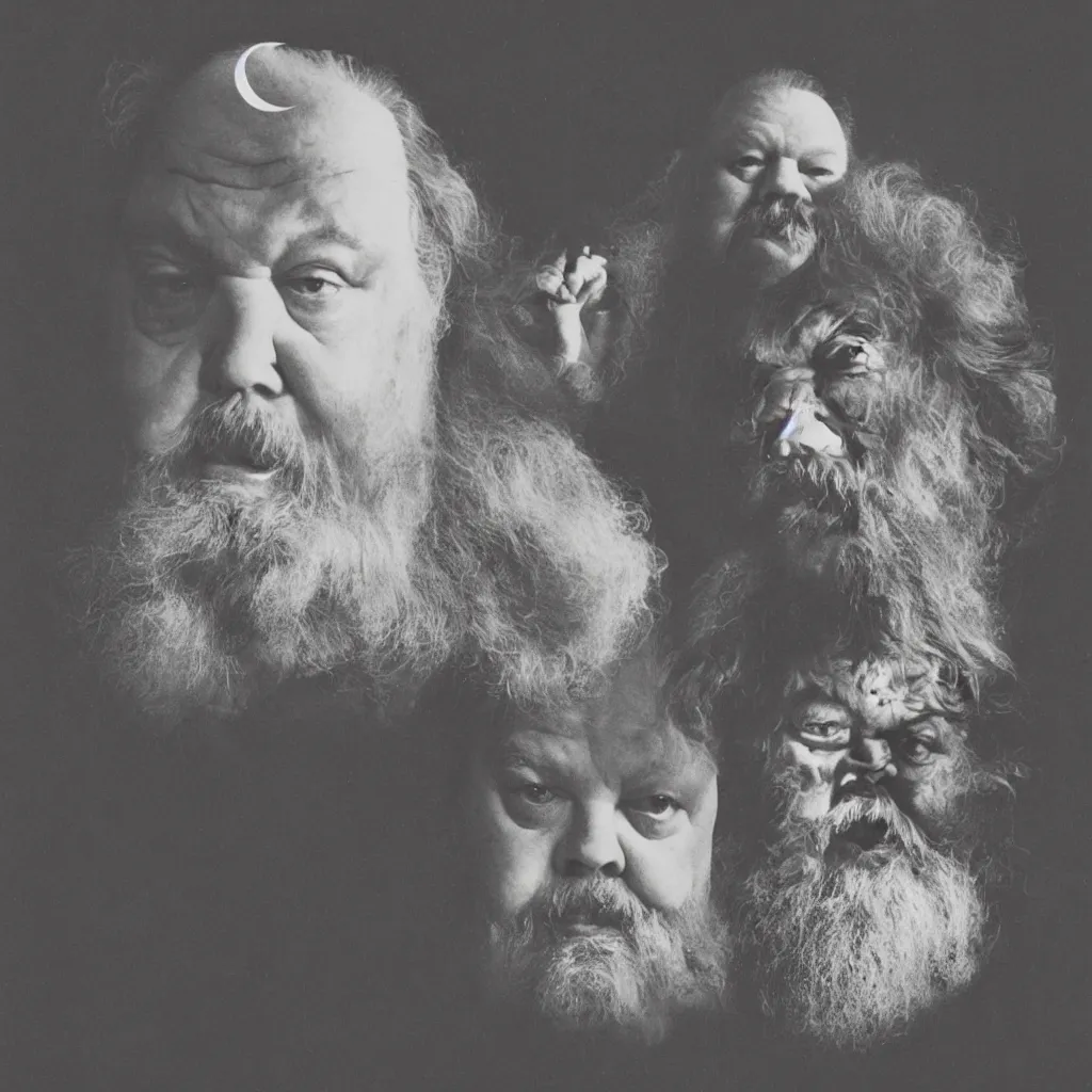 Prompt: An Alec Soth portrait photo of the moon with Orson Welles as Falstaff's face on it, the moon is wearing several horse-hair wigs, his face is on the moon