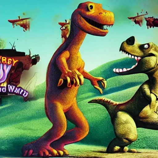Image similar to barney the dinosaur world war footage