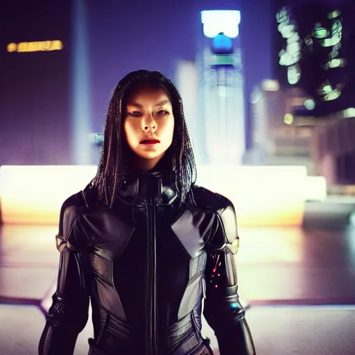 Image similar to cinestill 5 0 d candid photographic portrait of a techwear woman holding a gun on the rooftop of a futuristic city at night, closeup, modern cyberpunk moody emotional cinematic, clear skies, 8 k, hd, high resolution, 3 5 mm, f / 3 2, ultra realistic faces, ex machina