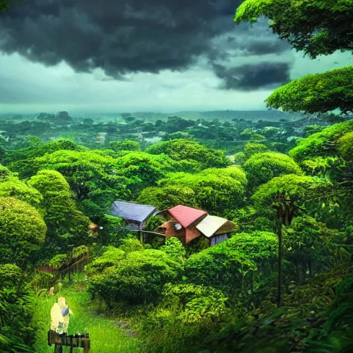 Image similar to stunning vista of lush foliage and wooden homes under dramatic sky, by studio ghibli, sharp focus vfx key shot