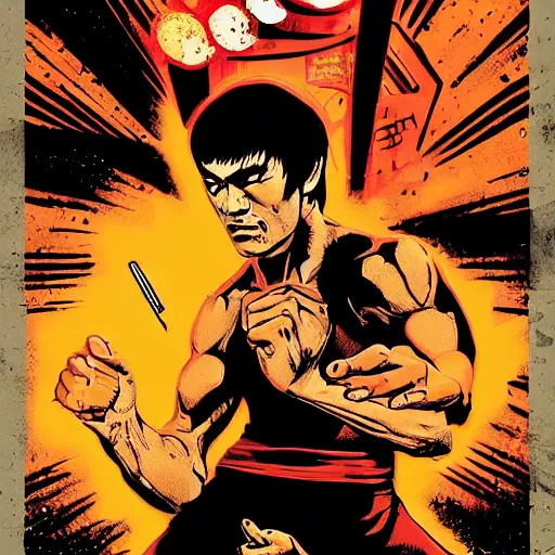 Prompt: Bruce Lee in the style of Borderlands, by Feng Zhu and Laurie Greasley, Victo Ngai, Andreas Rocha, John Harris