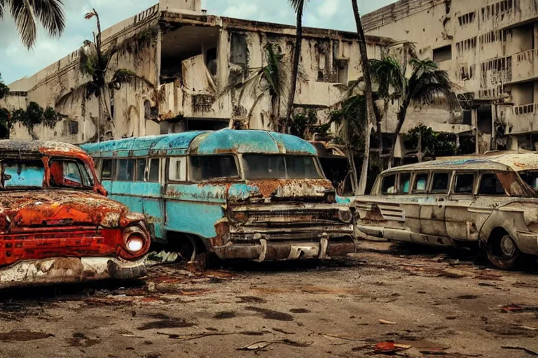 Image similar to wide angle shot of dilapidated fallout 5 miami, tropical coastal city, desolate, dilapidated, just a rusted retro futuristic vintage parked vehicles like cars, buses, trucks, trams, sunny weather, few clouds, volumetric lighting, photorealistic, daytime, spring, sharp focus, ultra detailed, technicolour 1