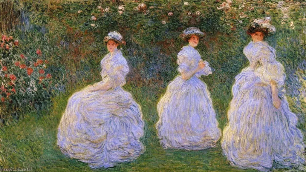 Prompt: a portrait of two women!!! who are lovers!! by Claude Monet!!! in french gardens! oil painting, romantic